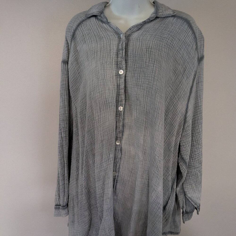 Cobblestone Living Green Cotton Button Down Women's Summer Top  Waffle Weave